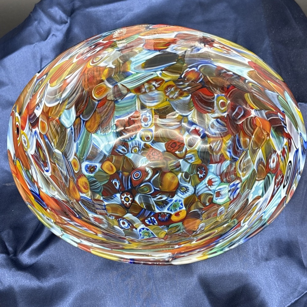 Rare Vintage 1950s Murano Millefiori Glass Bowl 6" Footed Gold Rooster Label
